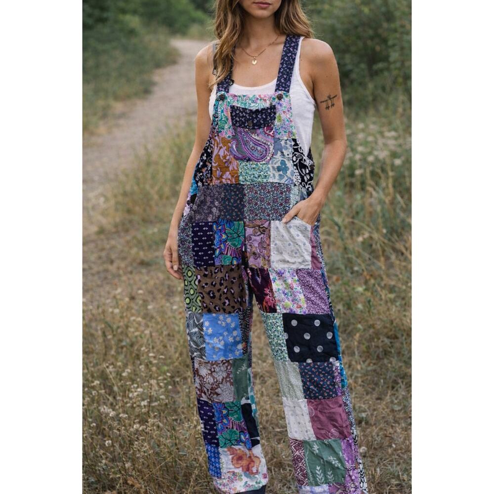 Patchwork Overalls Boho Wide Leg Jumpsuit Festival Western Cottagecore S/M - Picture 6 of 12